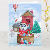シベリアンハスキー犬の雪のクリスマス犬小屋 カード (黄色い花)