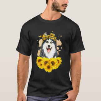 シベリアンハスキー犬 ひまわり 楽しい 娘 女子 女性 お母さん Tシャツ
