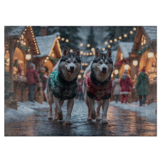 シベリアンハスキー犬 クリスマス 雪 冬の休日 カッティングボード (正面)