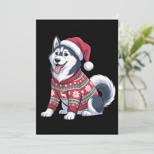 シベリアンハスキー犬 ダサいスウェーター サンタ帽 クリスマス 招待状 (スタンド正面)