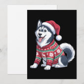 シベリアンハスキー犬 ダサいスウェーター サンタ帽 クリスマス 招待状 (正面/裏面)