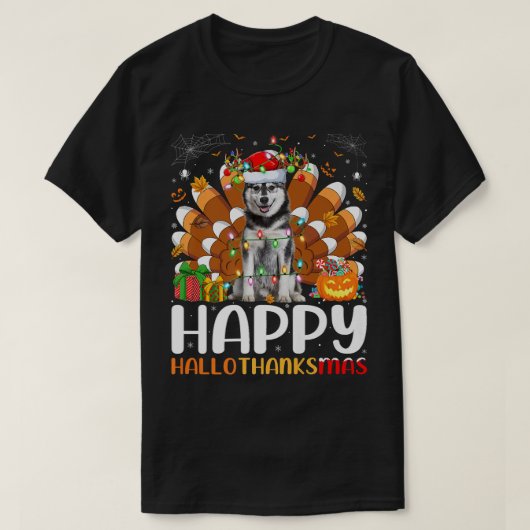 シベリアンハスキー犬 ハロウィン クリスマス ハッピー ハロー Tシャツ (デザイン正面)