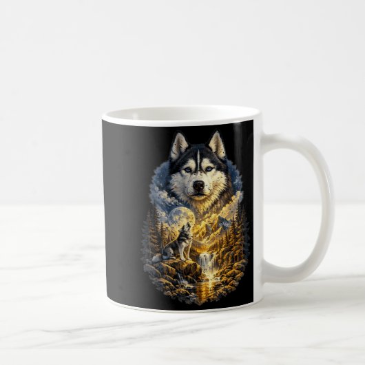 シベリアンハスキー犬 月に吠える コーヒーマグカップ (右)