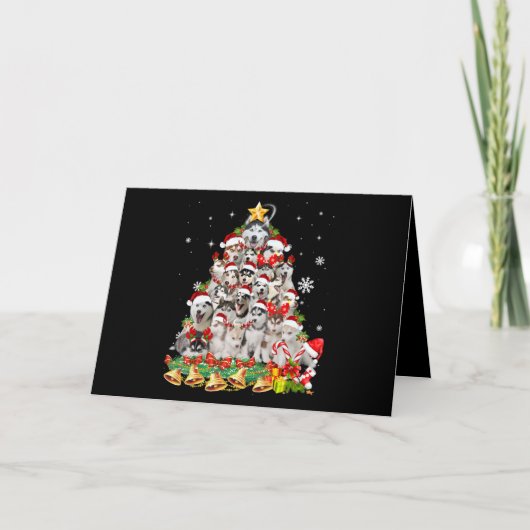 シベリアンハスキー クリスマスツリー ライト | 犬のクリスマス シーズンカード (正面)