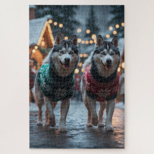 シベリアンハスキー クリスマス 雪 冬のイベント ジグソーパズル