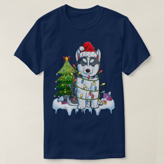 シベリアンハスキー サンタ クリスマス ツリー ライト クリスマスギ Tシャツ (デザイン正面)