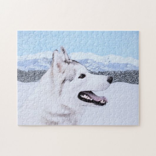 シベリアンハスキー (シルバー&ホワイト) 犬 絵画 アート ジグソーパズル (横)