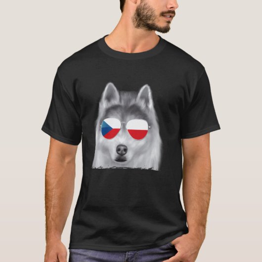シベリアンハスキー チェコ国旗 サングラス Tシャツ (正面)