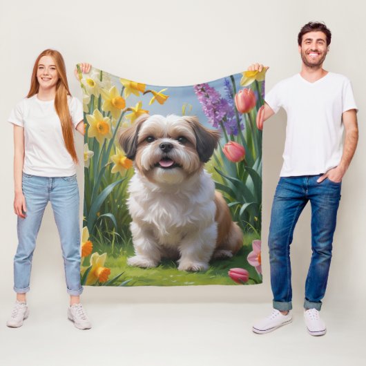 シベリアンハスキー 春の花の絵画 フリースブランケット (インサイチュ)