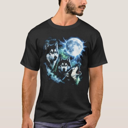 シベリアンハスキー 月に吠える – 夜空の犬 Tシャツ (正面)