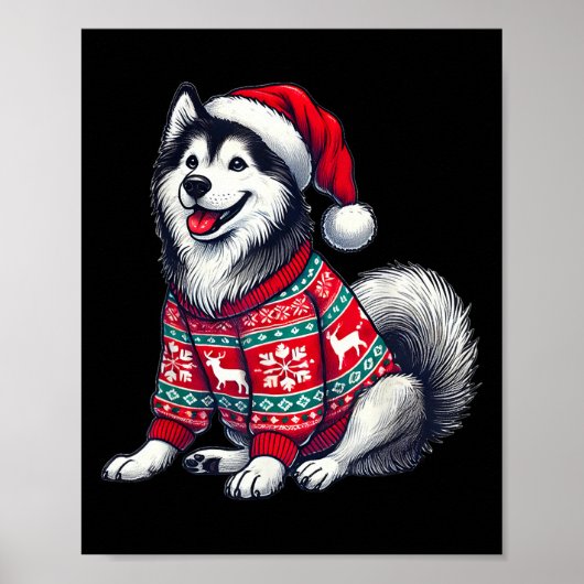 シベリアンハスキー 犬 クリスマスツリー クリスマス 帽子 ポスター (正面)