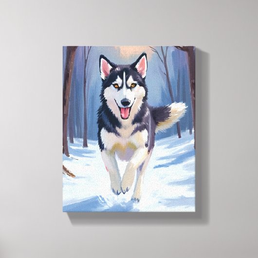 シベリアンハスキー 犬 絵画 冬 キャンバスプリント (正面)