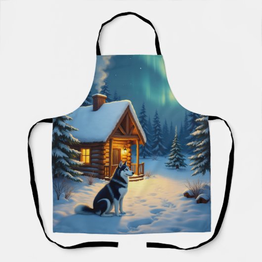シベリアンハスキー 雪の小屋 クリスマスの絵画 エプロン (正面)