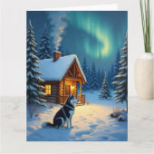 シベリアンハスキー 雪の小屋 クリスマスの絵画 カード (正面)
