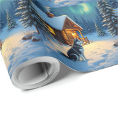 シベリアンハスキー 雪の山小屋 クリスマスの絵画 ラッピングペーパー (ロールコーナー)
