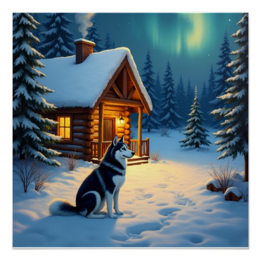 シベリアンハスキー 雪の山小屋 クリスマス絵画 ポスター (正面)