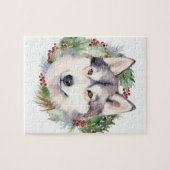 シベリアン・ハスキーのクリスマスリースの愛犬用クリスマスグッズ ジグソーパズル (横)