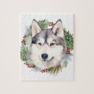 シベリアン・ハスキーのクリスマスリースの愛犬用クリスマスグッズ ジグソーパズル