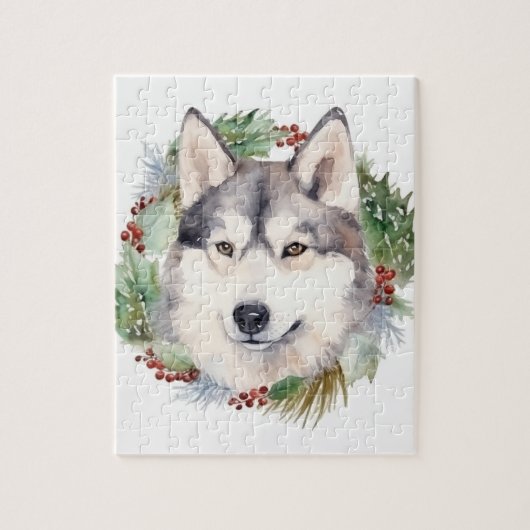 シベリアン・ハスキーのクリスマスリースの愛犬用クリスマスグッズ ジグソーパズル (縦)