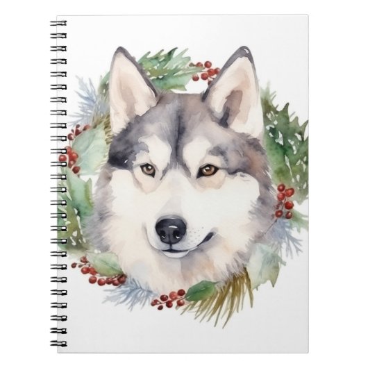 シベリアン・ハスキーのクリスマスリースの祝祭の仔犬 ノートブック (正面)