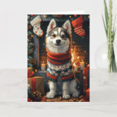 シベリアン・ハスキーの犬とクリスマスプレゼントの暖炉 カード (正面)