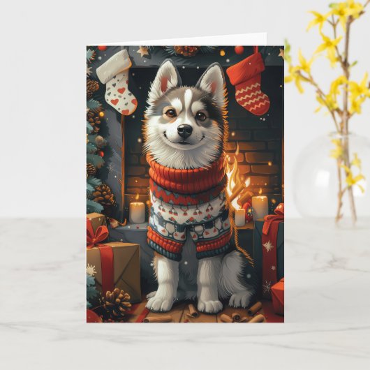 シベリアン・ハスキーの犬とクリスマスプレゼントの暖炉 カード (黄色い花)