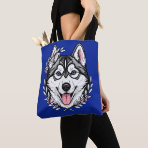 シベリアン・ハスキー犬とカリフォルニア・ラウレルの花 トートバッグ