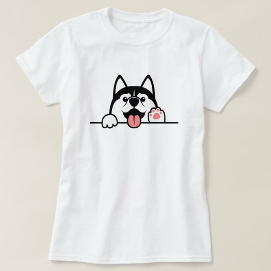 シベリアン·ハスキー犬、かわいい犬が壁の上を前に上がっていく。 Tシャツ (デザイン正面)