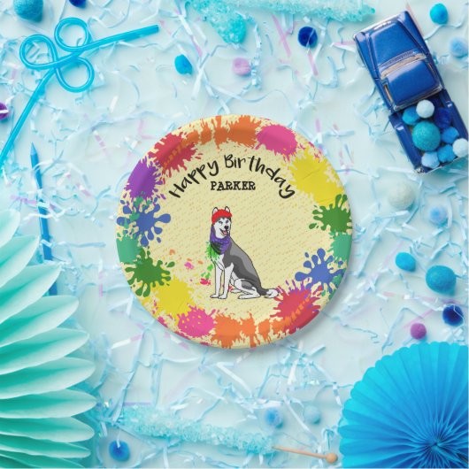 シベリアン·ハスキー·おもしろい絵を描·スプラッシュ·アート·パーティー  ペーパープレート (パーティー)