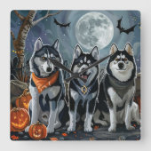 シベリアン・ハスキー ハロウィーン スプーキー スクエア壁時計 (正面)
