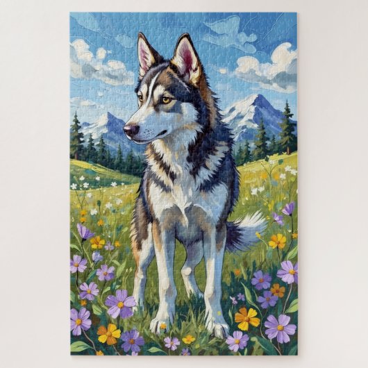 シベリアン・ハスキー 春の野の花の草原 犬 ジグソーパズル (縦)
