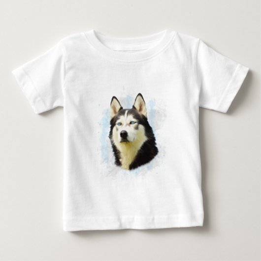 シベリアン・ハスキー 水彩画 ベビーTシャツ (正面)