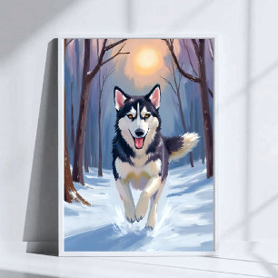 シベリアン・ハスキー 犬の絵画 冬のアート ポスター
