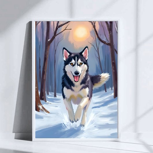シベリアン・ハスキー 犬の絵画 冬のアート ポスター