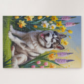 シベリアン・ハスキー 犬 春の花 絵画 ジグソーパズル (横)