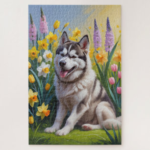 シベリアン・ハスキー 犬 春の花 絵画 ジグソーパズル