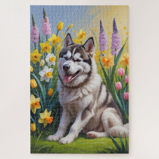 シベリアン・ハスキー 犬 春の花 絵画 ジグソーパズル (縦)