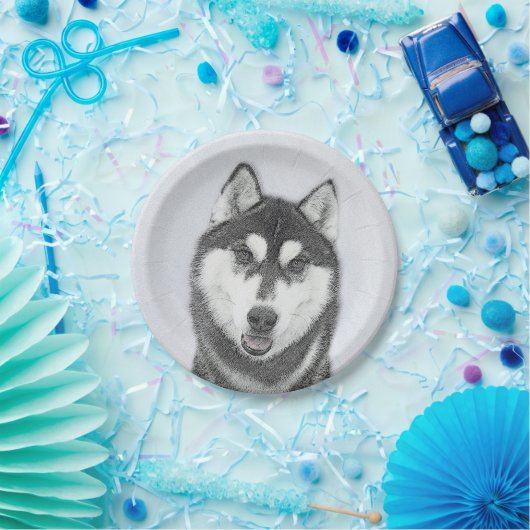シベリアン·ハスキー（白と黒）絵画の犬芸術 ペーパープレート (パーティー)