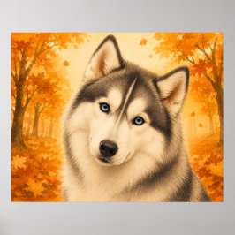シベリアン・ハスキー 秋の森の犬 ポスター