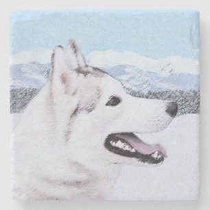 シベリアン・ハスキー(銀と白)絵画の犬芸 ストーンコースター