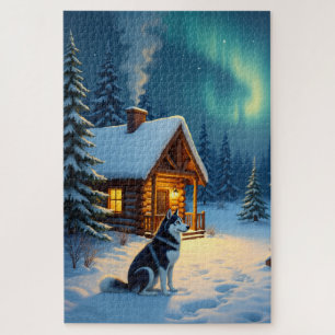 シベリアン・ハスキー 雪景色の小屋 クリスマスの絵画 ジグソーパズル