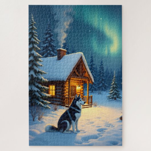 シベリアン・ハスキー 雪景色の小屋 クリスマスの絵画 ジグソーパズル (縦)