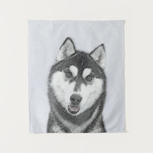 シベリアン・ハスキー (黒白) 犬の絵画アート タペストリー