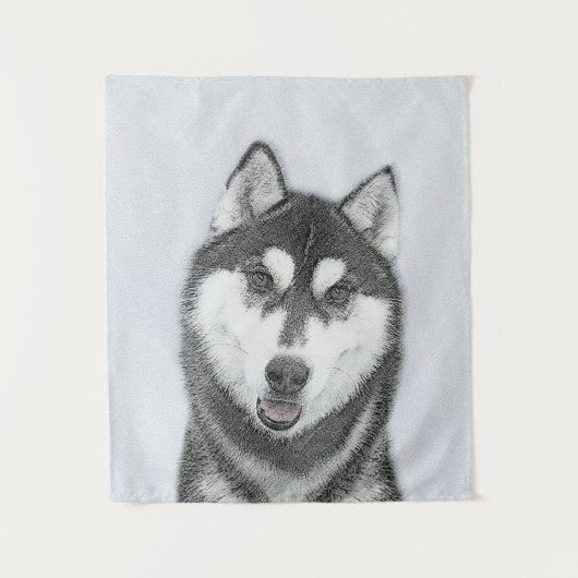 シベリアン・ハスキー (黒白) 犬の絵画アート タペストリー (正面)