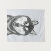シベリアン・ハスキー (黒白) 犬の絵画アート タペストリー (正面(横))