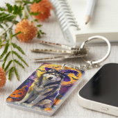 シベリア不気味ハスキー犬ハロウィンウィッチカボチャ キーホルダー (正面右)