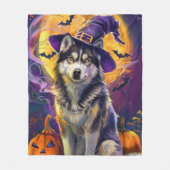 シベリア不気味ハスキー犬ハロウィンウィッチカボチャ フリースブランケット (正面)
