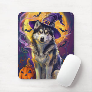 シベリア不気味ハスキー犬ハロウィンウィッチカボチャ マウスパッド