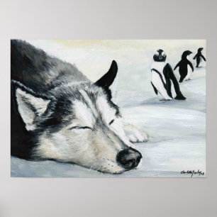 "シベリア人Huskey Penquin夢"の犬の芸術ポスター ポスター