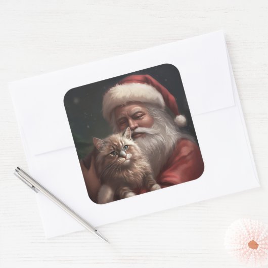 シベリア猫とサンタクロースフェスティバルクリスマス スクエアシール (封筒)